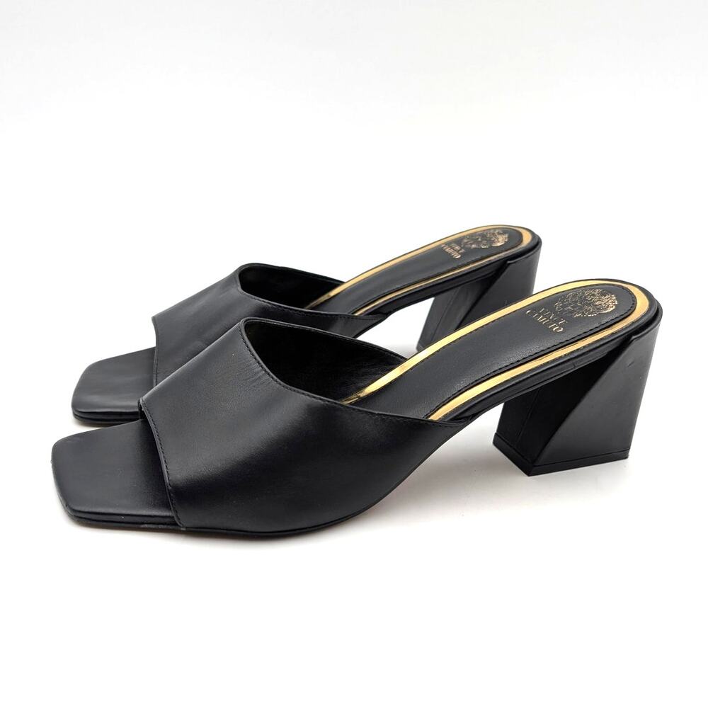 Vince Camuto Sacha Block Heel Slide Sandal Womens Black Leather Size US9M EU39.5